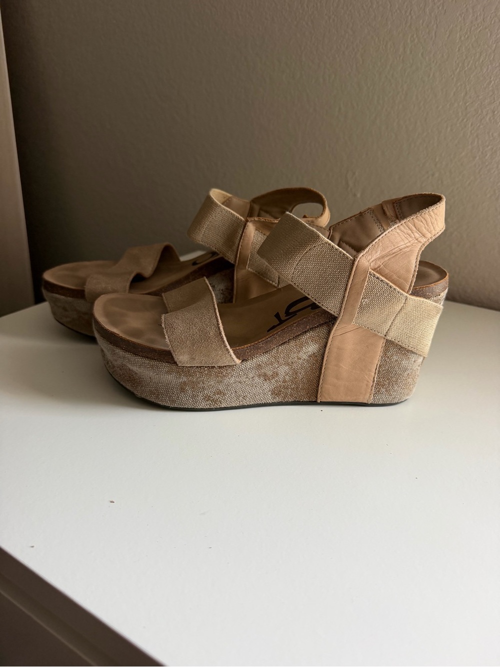 OTBT Beige Elastic Strap Platform Wedge Sandals